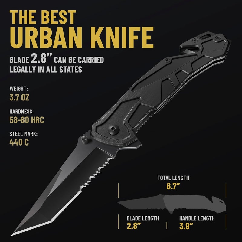 GOOD WORKER Legal Pocket Knife with Ball Bearing - 5 in 1 Knife - 2.8” Serrated Tanto Blade - with Glass Breaker & Seatbelt Cutter & Pocket Clip - Small Tactical Folding Knives for Men Women Hunting EDC 6620 B - Image 3